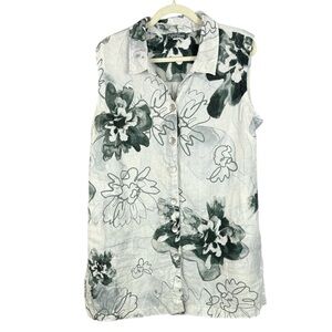 Dolcezza Simply Art 100% Linen Floral Sleeveless Button Down Tunic Vest Large